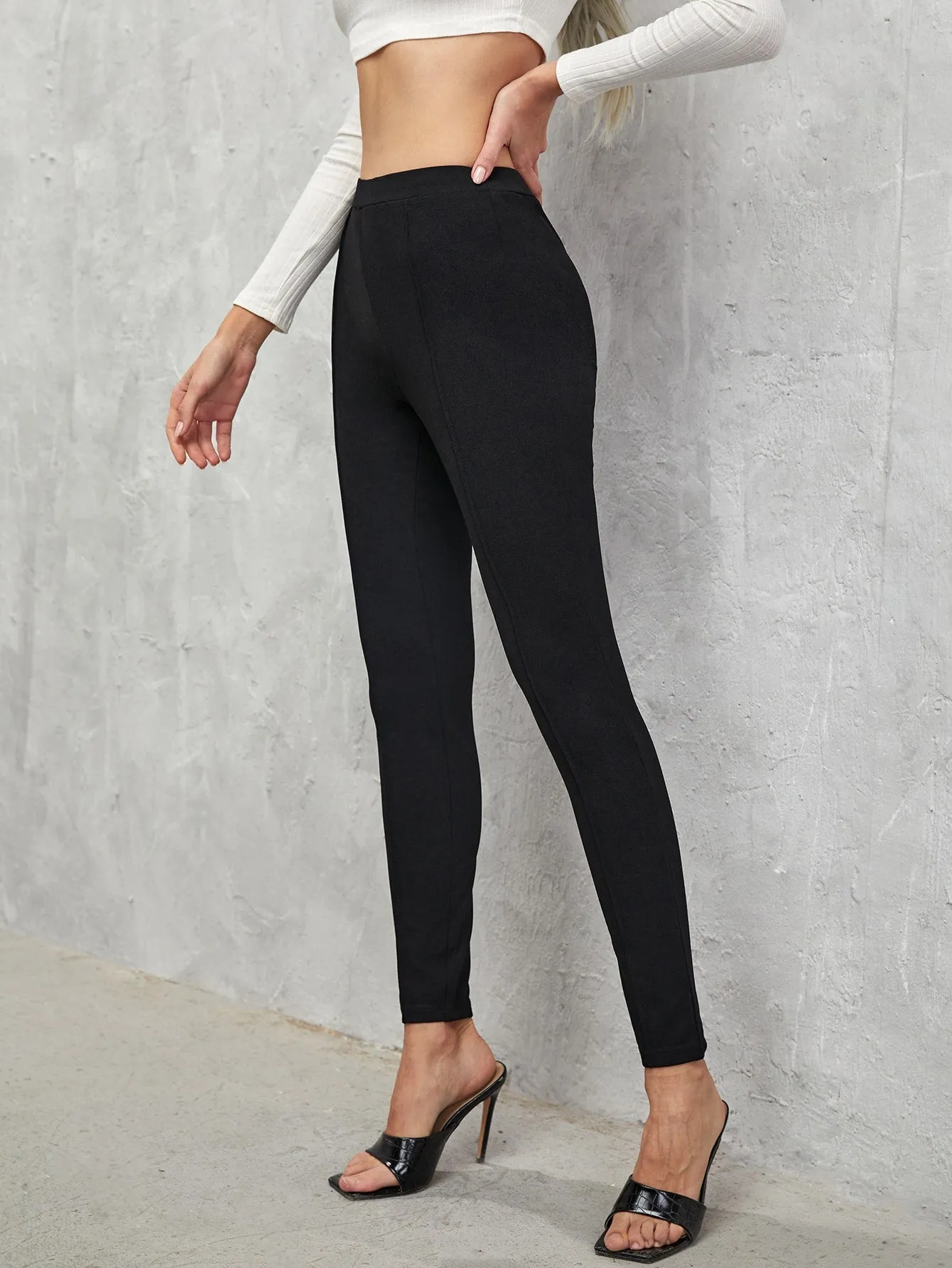 Solid Seam Detail Skinny High Waist Trousers