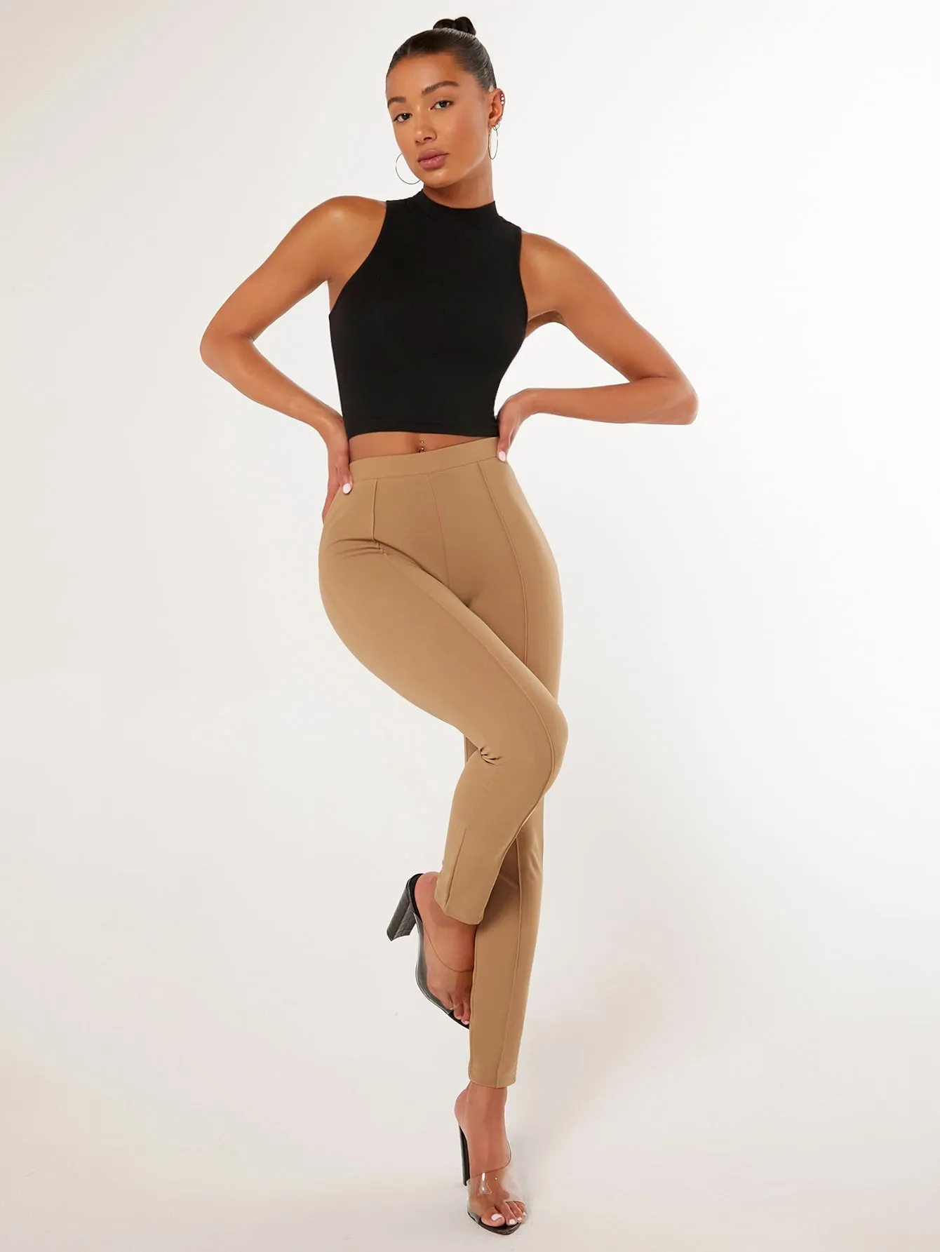 Solid Seam Detail Skinny High Waist Trousers