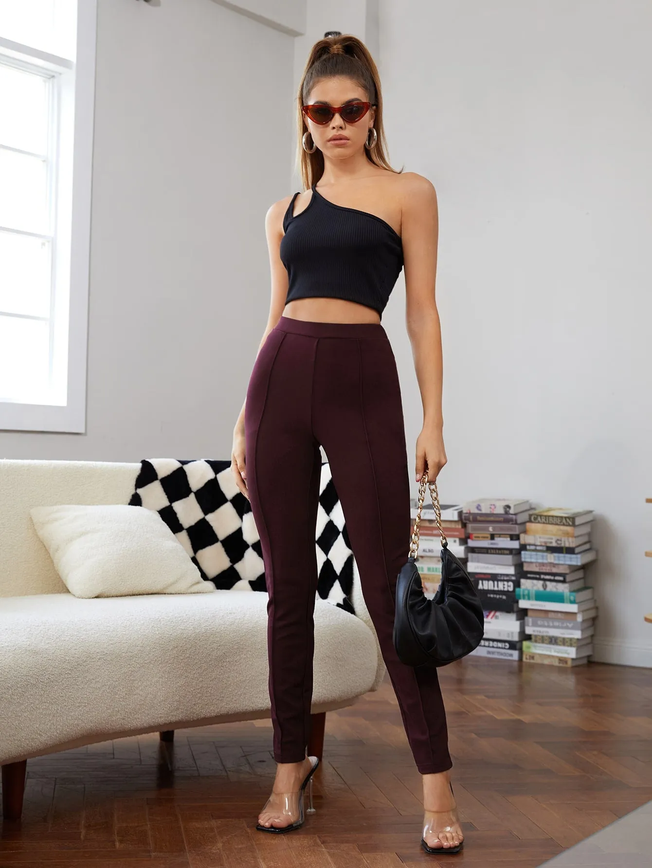 Solid Seam Detail Skinny High Waist Trousers