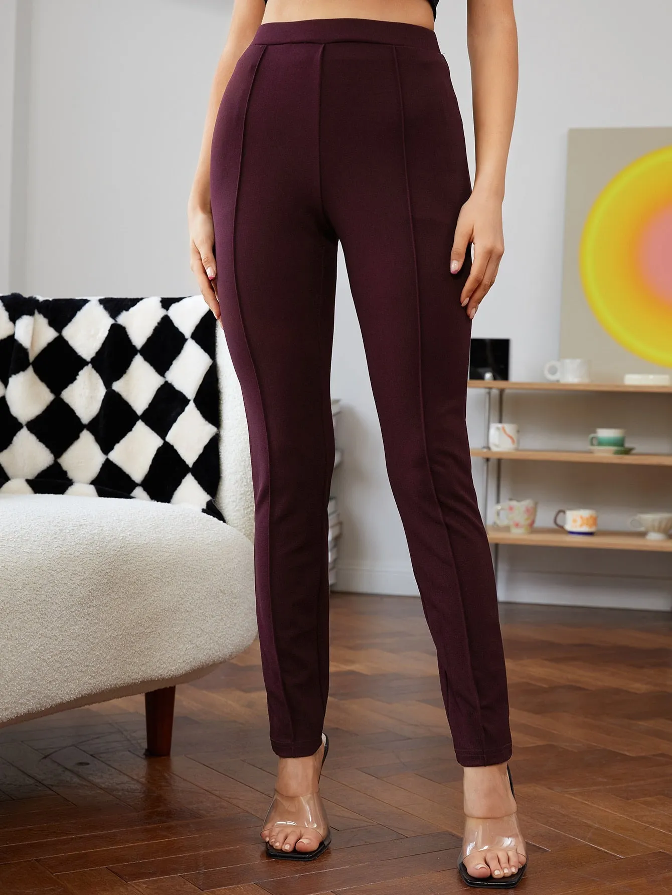 Solid Seam Detail Skinny High Waist Trousers