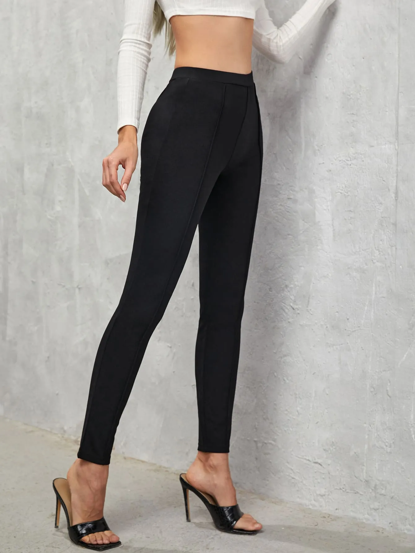 Solid Seam Detail Skinny High Waist Trousers