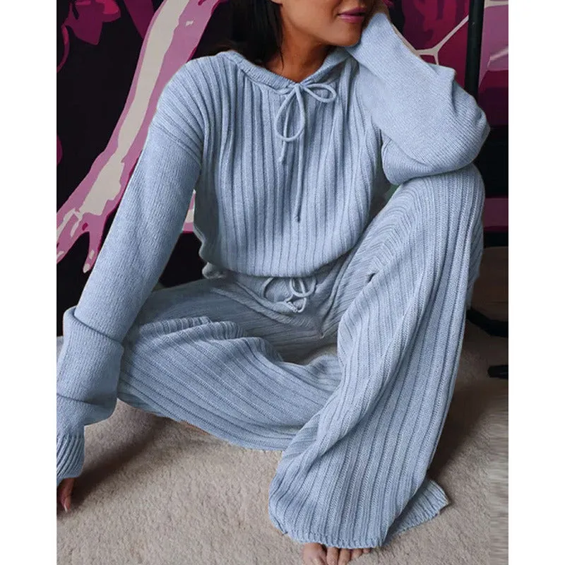 Spring Autumn Knitted Hoodie Pullover Trousers 2-piece Set