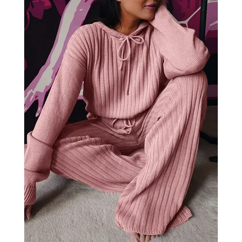 Spring Autumn Knitted Hoodie Pullover Trousers 2-piece Set