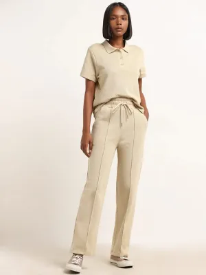 Studiofit Beige Waffle Textured Cotton High Rise Track Pants