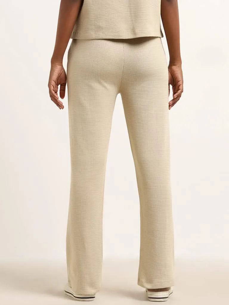 Studiofit Beige Waffle Textured Cotton High Rise Track Pants