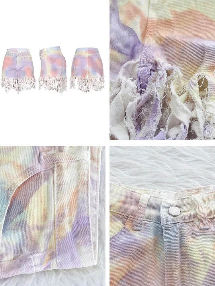 Tie-Dyed Stretchy Hem Tassels Denim Shorts