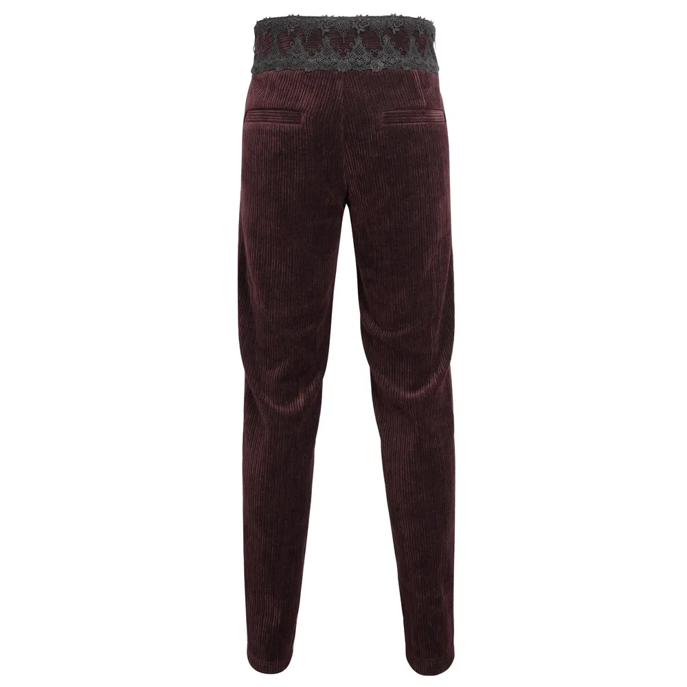 Wine Red Lace-Trimmed Corduroy Tailored Trousers