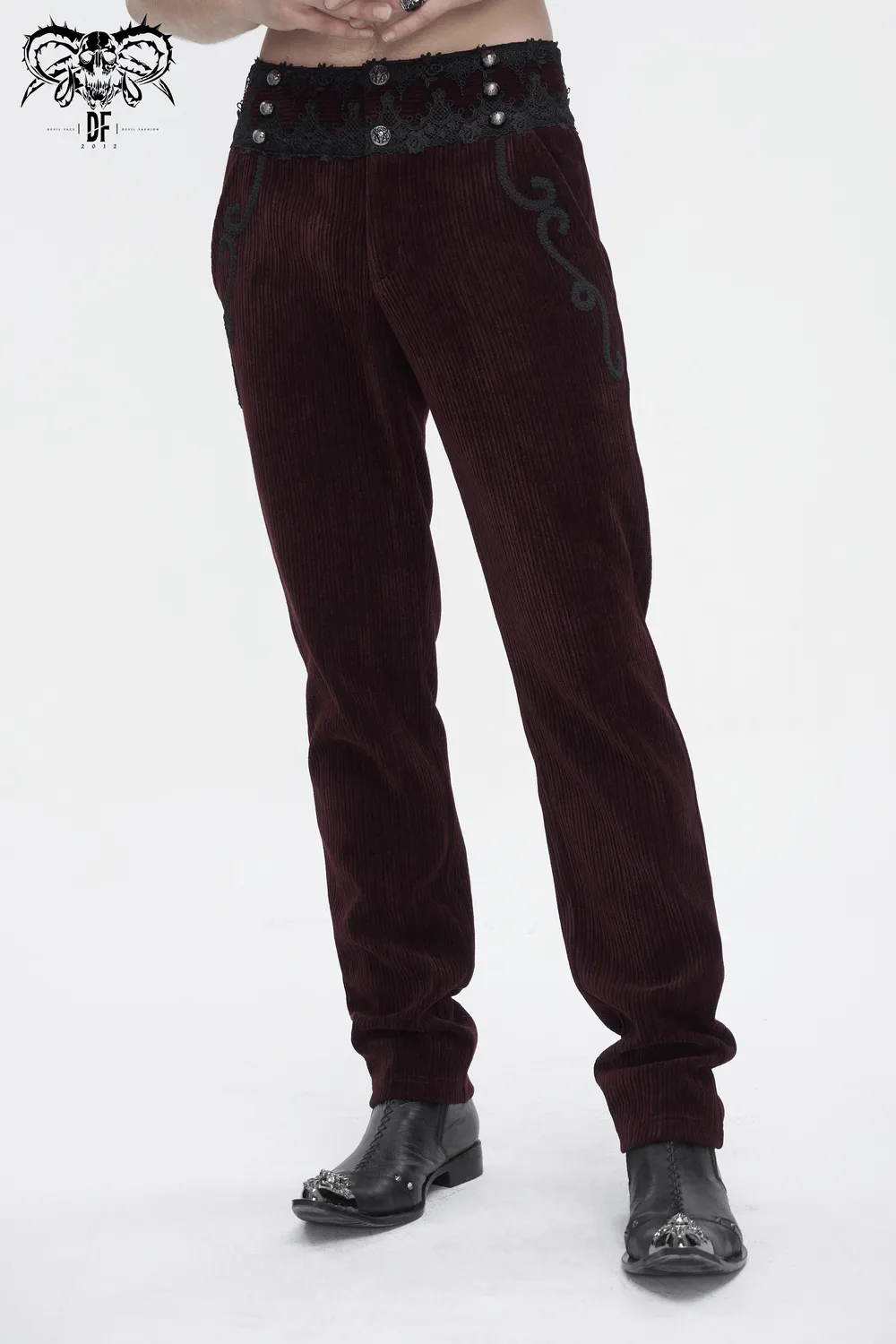 Wine Red Lace-Trimmed Corduroy Tailored Trousers