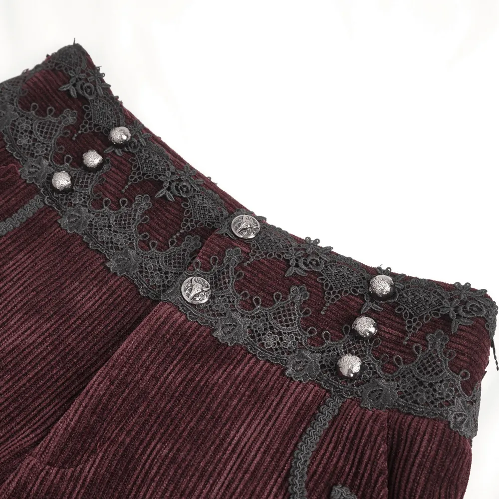 Wine Red Lace-Trimmed Corduroy Tailored Trousers