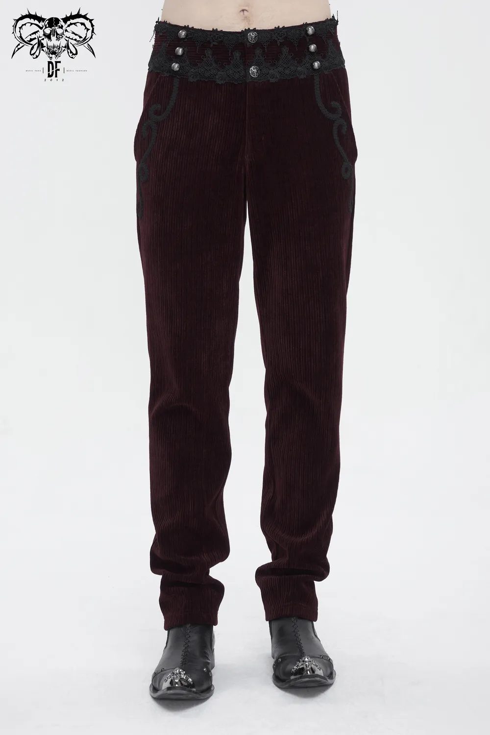 Wine Red Lace-Trimmed Corduroy Tailored Trousers