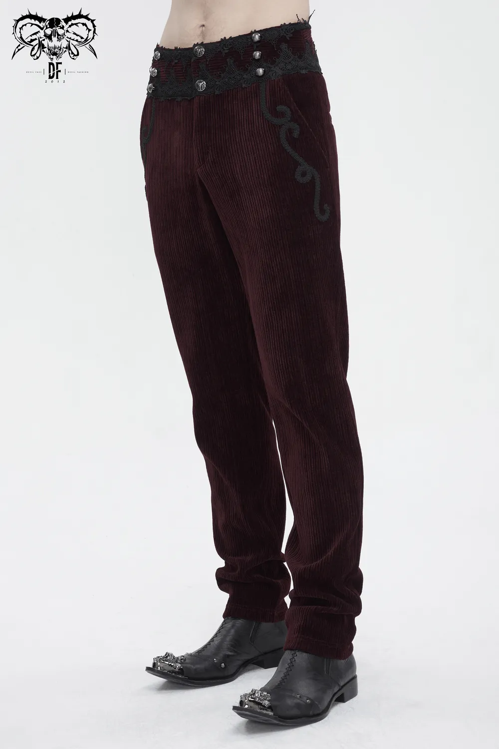 Wine Red Lace-Trimmed Corduroy Tailored Trousers