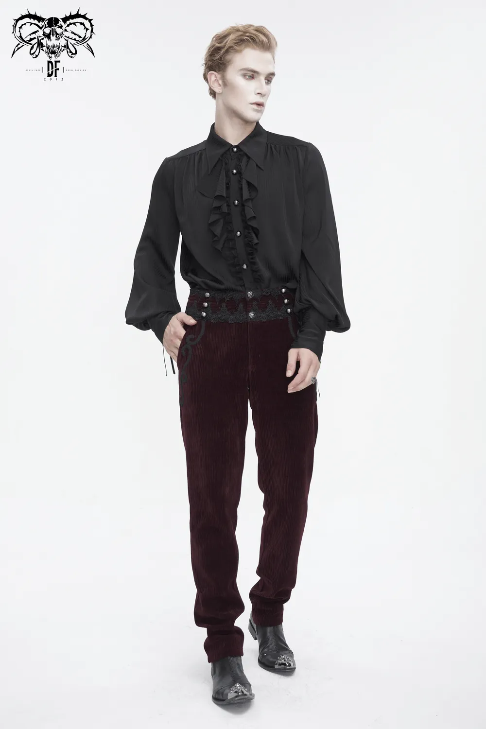 Wine Red Lace-Trimmed Corduroy Tailored Trousers