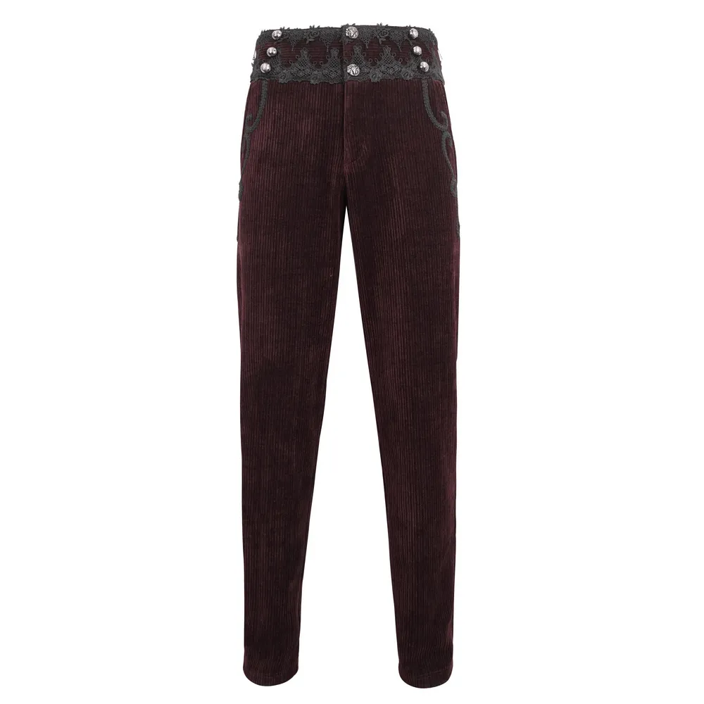 Wine Red Lace-Trimmed Corduroy Tailored Trousers