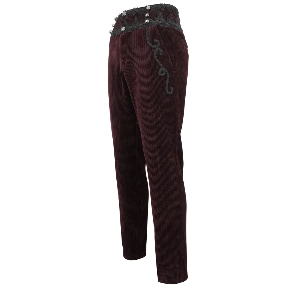 Wine Red Lace-Trimmed Corduroy Tailored Trousers