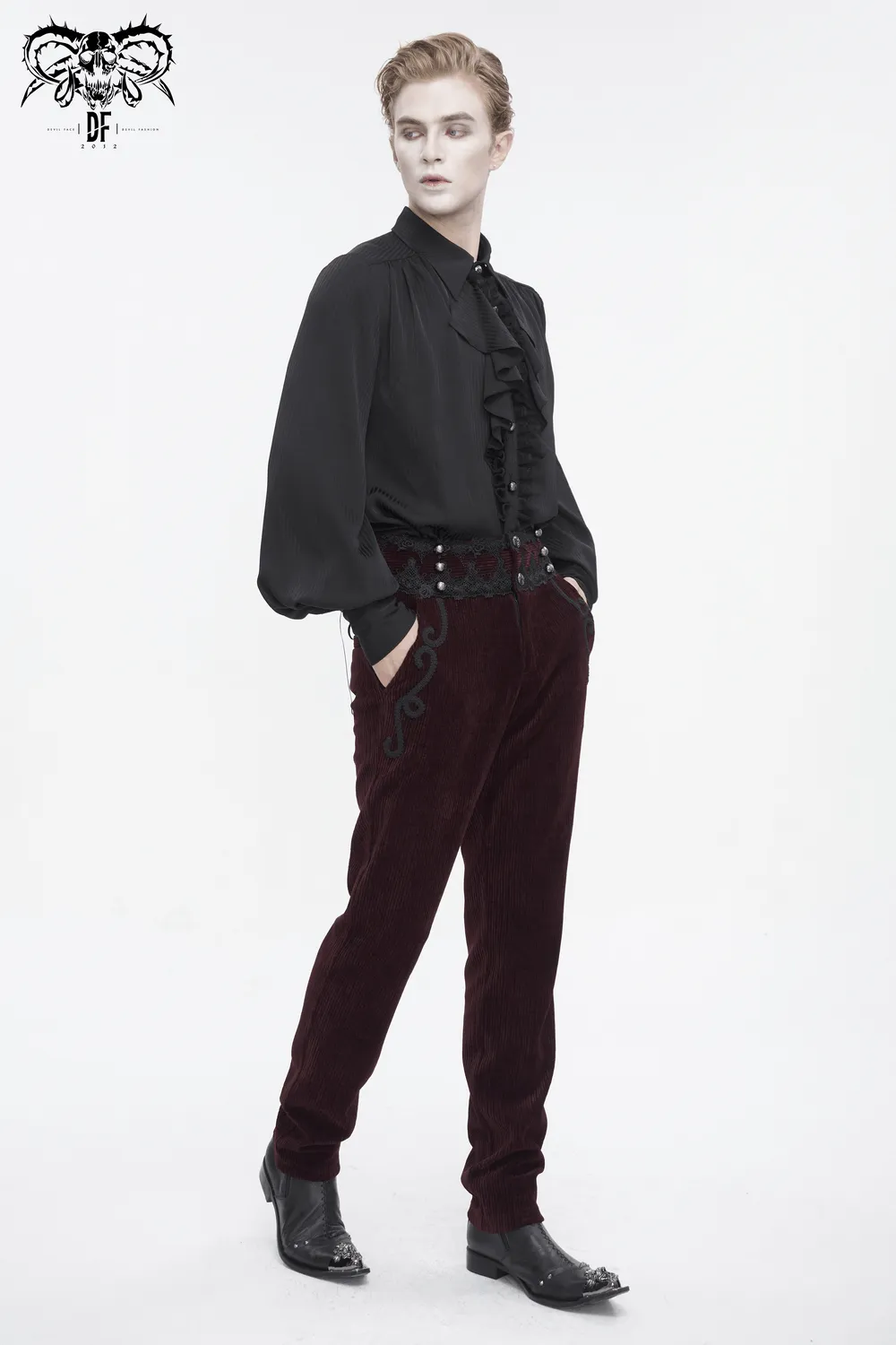 Wine Red Lace-Trimmed Corduroy Tailored Trousers