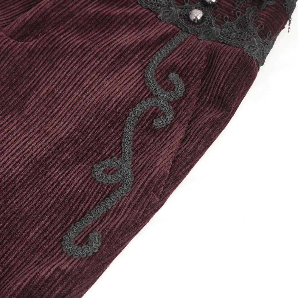 Wine Red Lace-Trimmed Corduroy Tailored Trousers