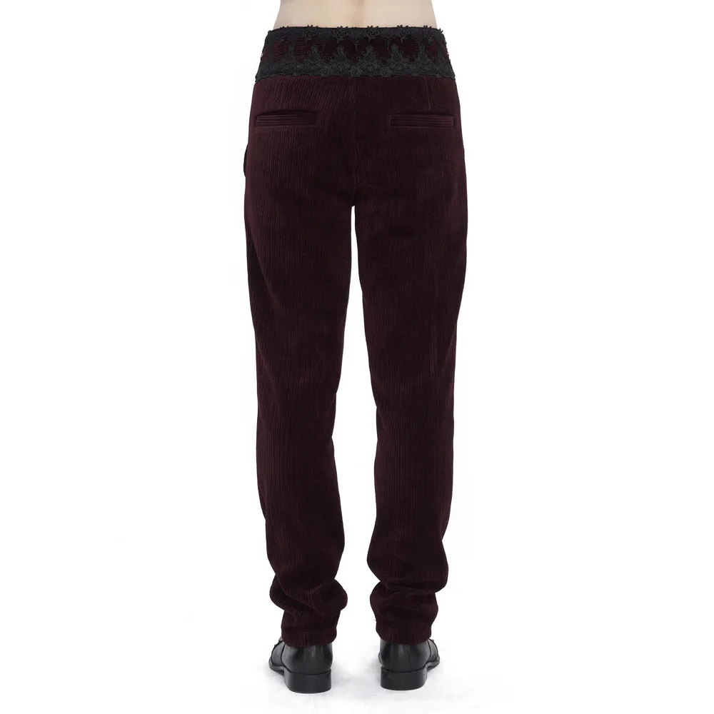 Wine Red Lace-Trimmed Corduroy Tailored Trousers