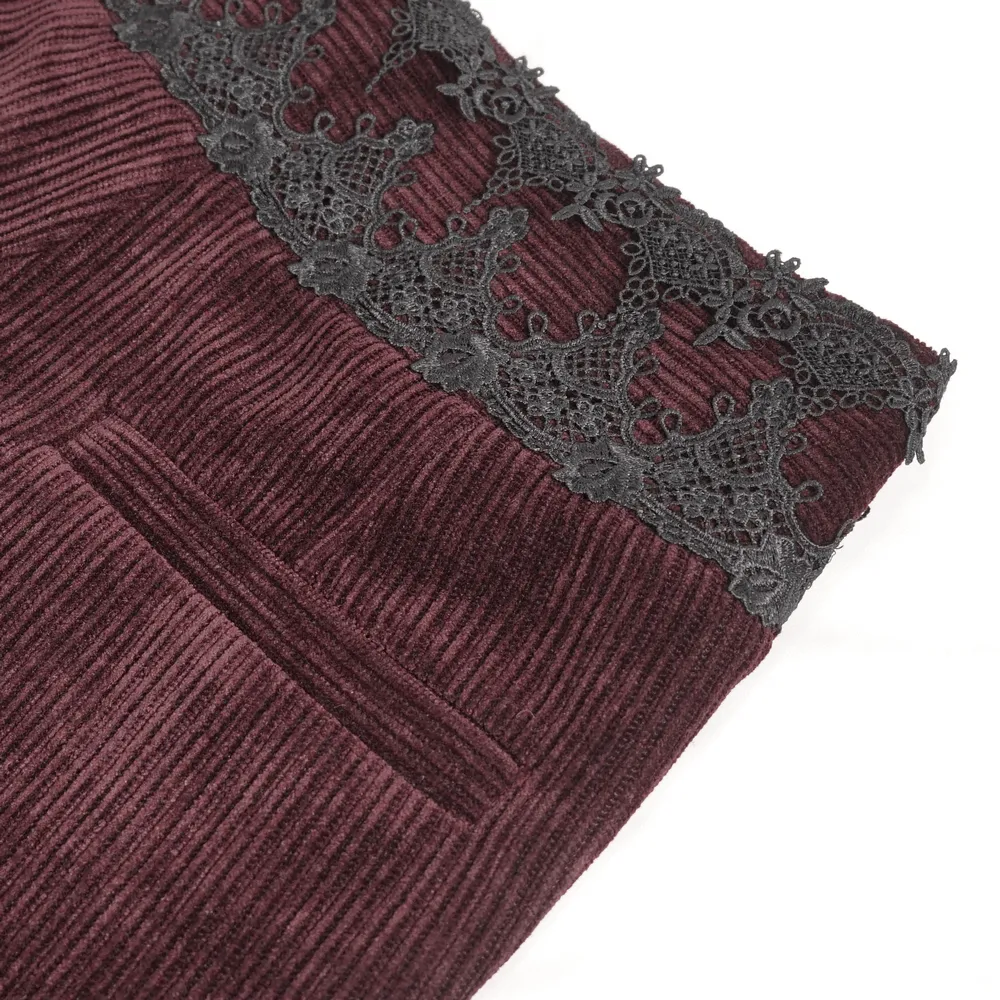 Wine Red Lace-Trimmed Corduroy Tailored Trousers