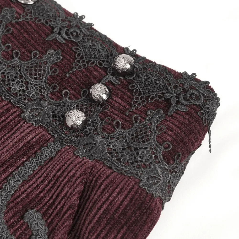 Wine Red Lace-Trimmed Corduroy Tailored Trousers