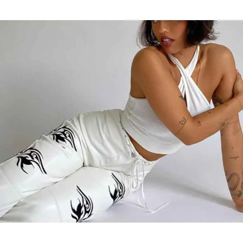 Women White Leather Goth Pant