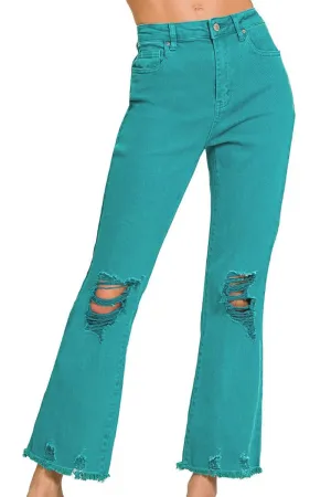 Zenana The Macie Light Teal High Waist Distressed Straight Pants